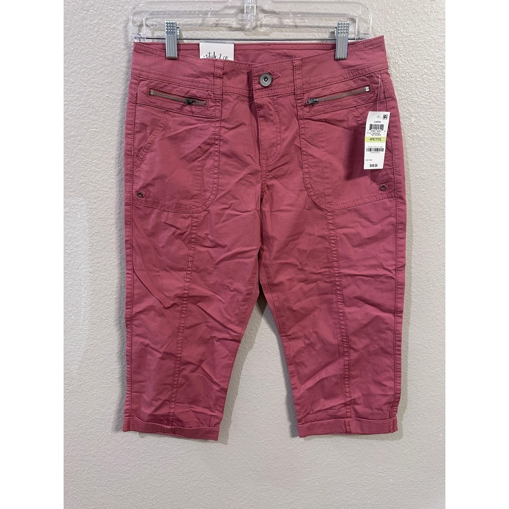 Style & Co Petite Capri Pants Womens 4P Red Salmon Zipper Pocket Cropped
